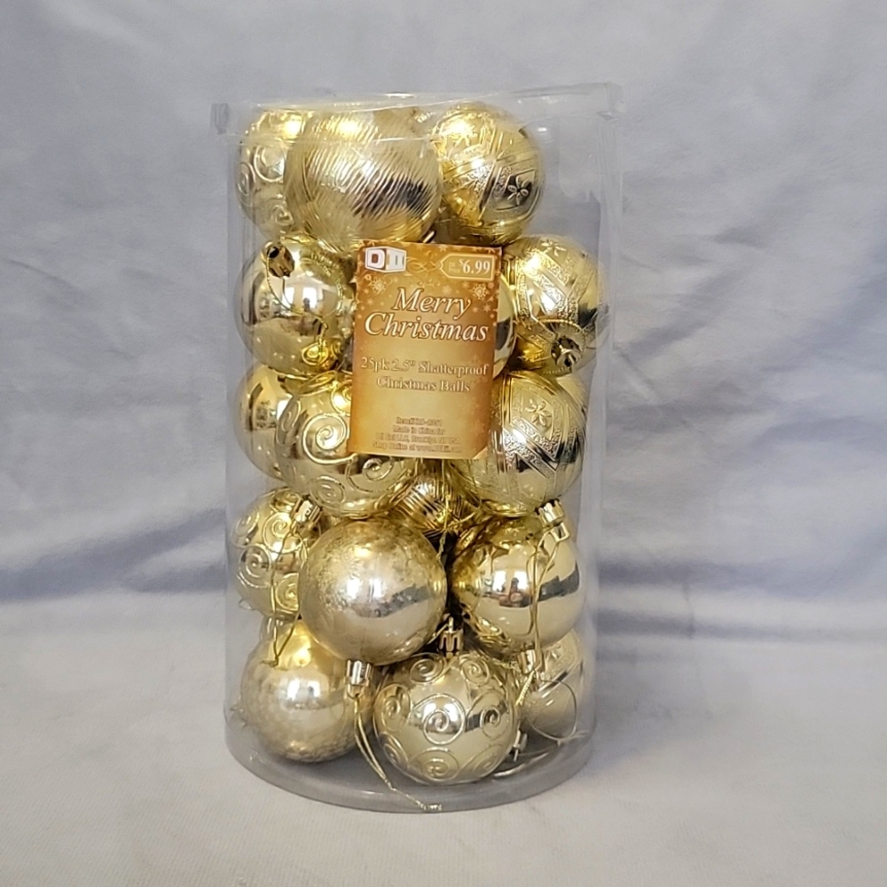 Christmas Balls, 25 pk 2.5" Shatterproof, Color Gold
